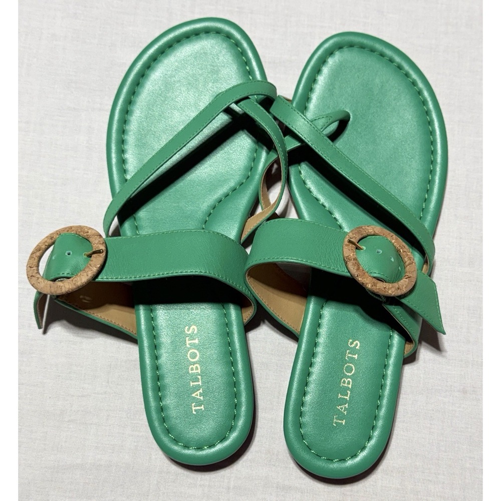 Talbots Gia Buckle Thong Sandals Green Leather Cork Ring Size 7 - Picture 3 of 5